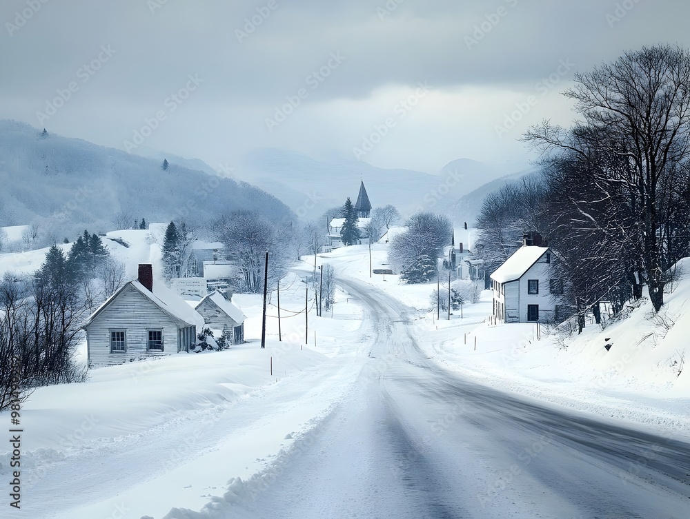 Wintry Wonderland Snow Covered Village Nestled in Mountainous Terrain Wintry Wonderland Snow Covered Village Nestled in Mountainous Terrain