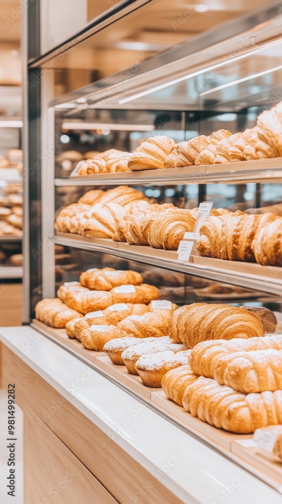 An inviting bakery counter showcases a variety of delectable pastries and croissants, complete with flavor signs and warm lighting that creates a cozy atmosphere An inviting bakery counter showcases a variety of delectable pastries and croissants, complete with flavor signs and warm lighting that creates a cozy atmosphere