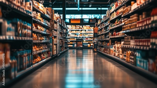 A supermarket aisle with shelves stocked with colorful products. The aisle is empty, creating a sense of calm and quiet.