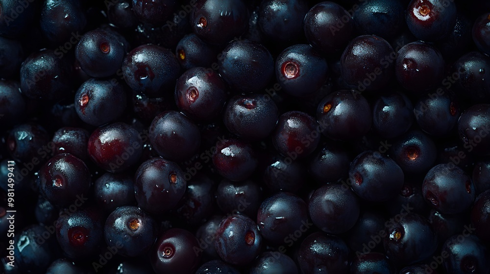 A close-up shot of a pile of dark acai berries. A close-up shot of a pile of dark acai berries.