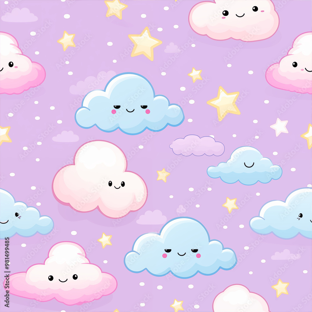 Cute clouds and stars pattern, cheerful mood, colorful design, purple background
Cute clouds and stars pattern, cheerful mood, colorful design, purple background