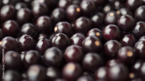 Close-up shot of a bunch of acai berries, showing their rich, dark color and glossy surface.