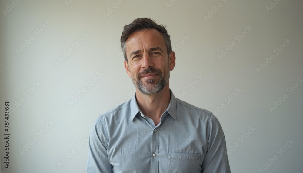 Thoughtful adult man with short beard stands against plain grey background, confidence and calmness in casual attire Thoughtful adult man with short beard stands against plain grey background, confidence and calmness in casual attire