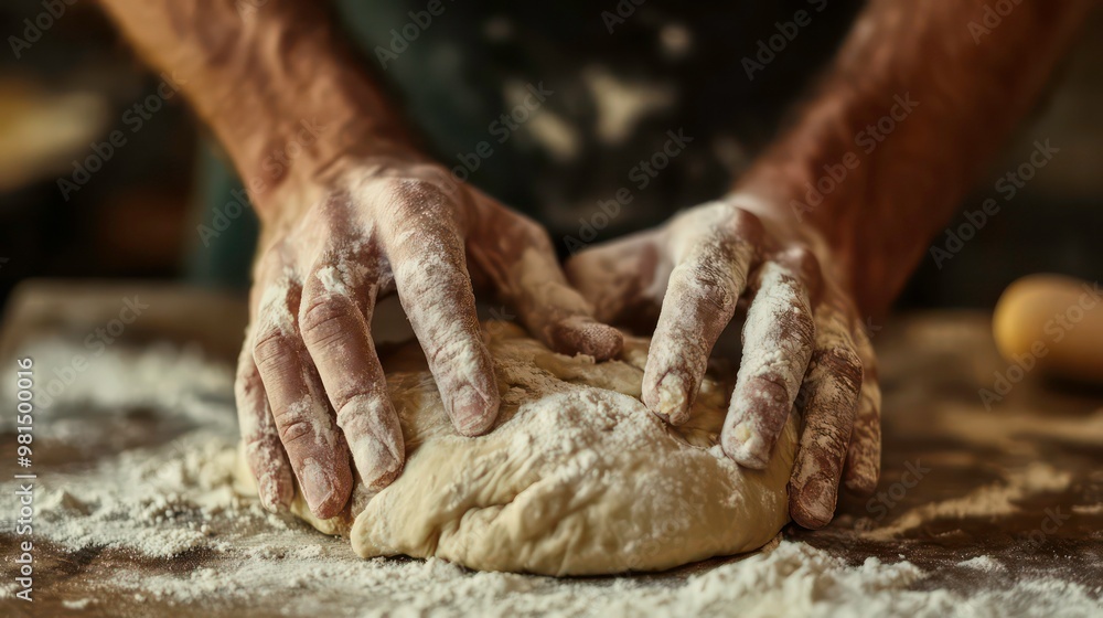 Close-up of hands kneading dough on a floured surface. Close-up of hands kneading dough on a floured surface.