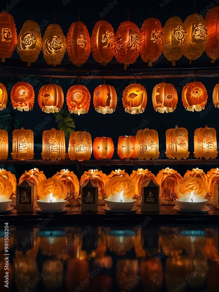 Mooncakes and oranges arranged with glowing lanterns for festivals. Mooncakes and oranges arranged with glowing lanterns for festivals.