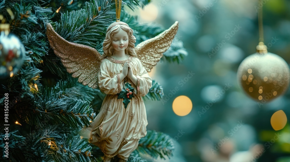 an angel figurine hanging from a christmas tree in front of a christmas tree. generative ai transparent background an angel figurine hanging from a christmas tree in front of a christmas tree. generative ai transparent background