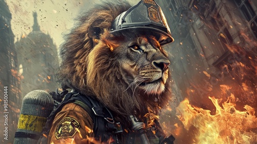 Lion Firefighter - Imaginative Photosurrealism of a Brave Beast Rescuing from Blaze photo