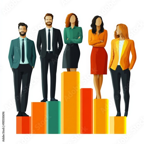 Business Growth & Success: A diverse team of professionals stands tall on a bar graph symbolizing upward growth and achievement. The image portrays ambition, progress, and the power of collective effo photo