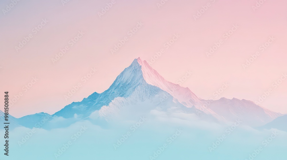 Fototapeta premium A snow-capped mountain peak rises above a sea of clouds, with a soft pink and blue gradient sky.