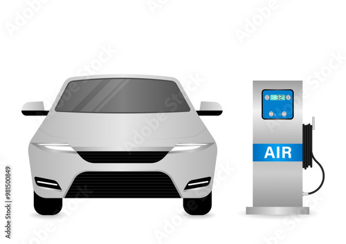 Automatic Tire Inflator Machine for Car and other Vehicle. Tire Air Station Service. Vector Illustration. 
