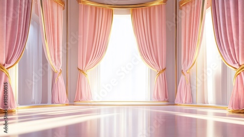 Opulent Presentation: Luxurious Modern Stage with Pink and Gold Drapes, Adorned in Gold Trim, Opening to Bright White Light
 photo