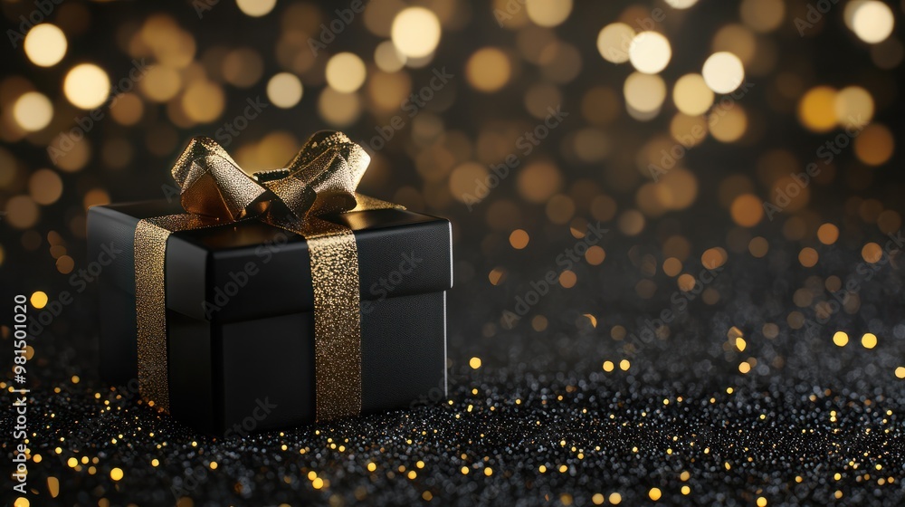 Black gift box isolated on black bokeh background. Black Friday gift box. Black Friday Sale or Happy Birthday banner. Gift box, wrapped with gold ribbon with a bow on glitter background, copy space Black gift box isolated on black bokeh background. Black Friday gift box. Black Friday Sale or Happy Birthday banner. Gift box, wrapped with gold ribbon with a bow on glitter background, copy space