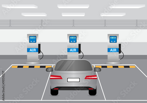 Automatic Tire Inflator Machine for Car and other Vehicle. Tire Air Station Service. Vector Illustration. 