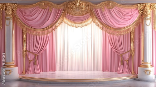 Majestic Stage Reveal: Luxurious Pink and Gold Curtains with Golden Trim Unveiling a Brilliant Light photo