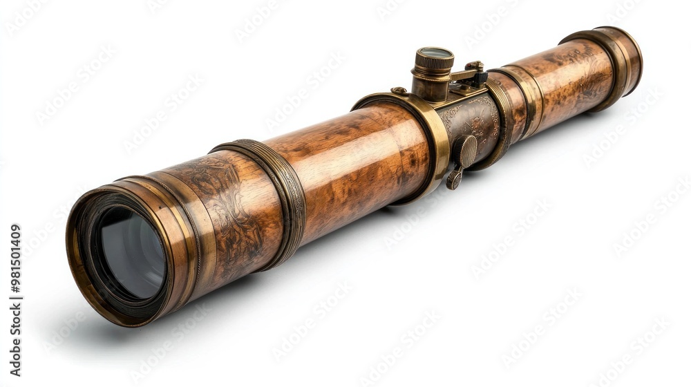 A well-preserved antique telescope made of brass and wood, with detailed engravings, extending outward as if in use, isolated on transparent, ideal for exploration themes. A well-preserved antique telescope made of brass and wood, with detailed engravings, extending outward as if in use, isolated on transparent, ideal for exploration themes.