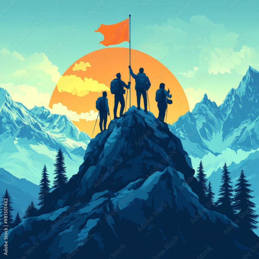 Summit Success: A team of four hikers stand triumphantly on the peak of a mountain, a red flag waving in the wind as the sun sets over a snow-capped landscape. This vibrant illustration captures the s Summit Success: A team of four hikers stand triumphantly on the peak of a mountain, a red flag waving in the wind as the sun sets over a snow-capped landscape. This vibrant illustration captures the s