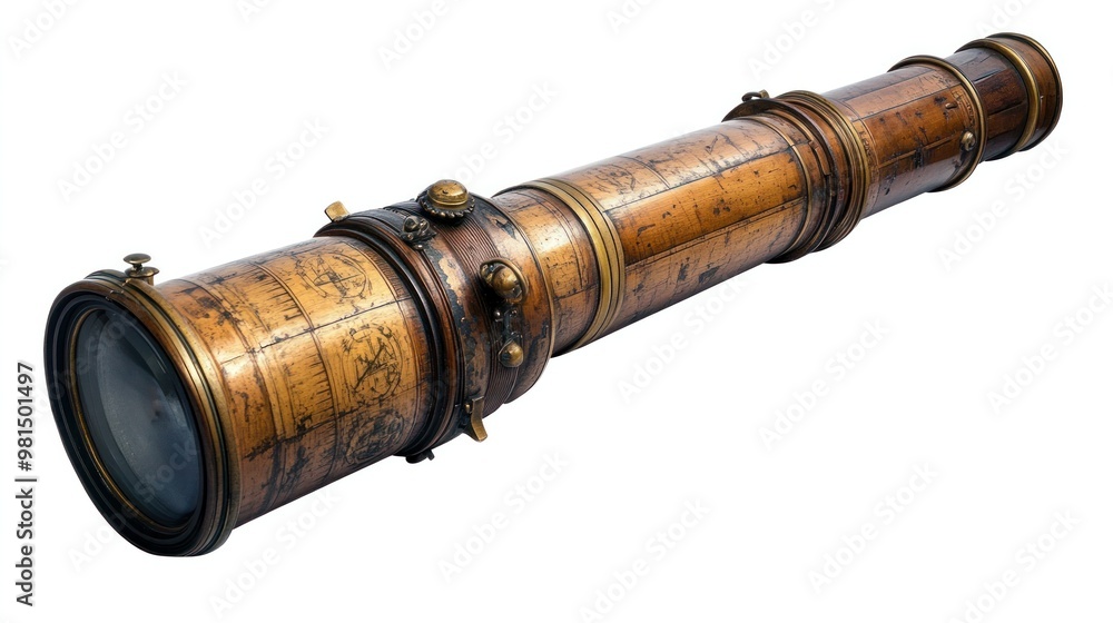 A well-preserved antique telescope made of brass and wood, with detailed engravings, extending outward as if in use, isolated on transparent, ideal for exploration themes. A well-preserved antique telescope made of brass and wood, with detailed engravings, extending outward as if in use, isolated on transparent, ideal for exploration themes.