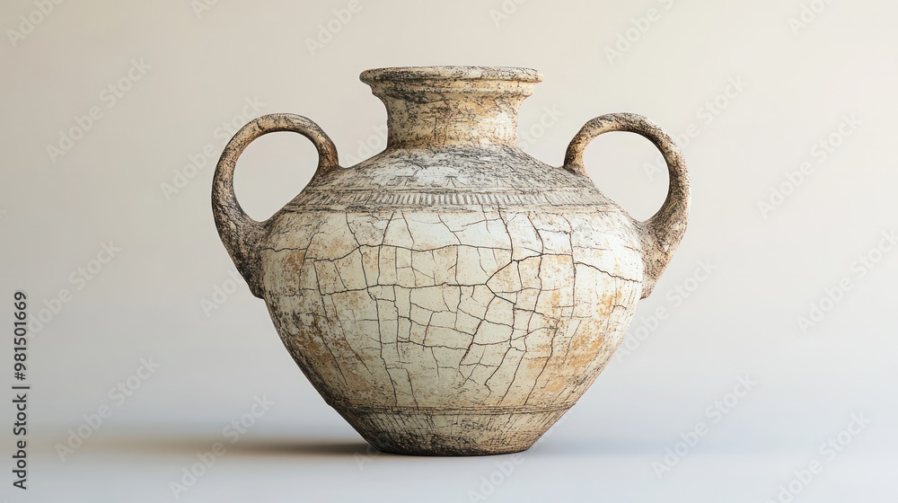 An isolated ancient Roman amphora, with detailed engravings, cracked surface, and remnants of its original paint, placed on a neutral background An isolated ancient Roman amphora, with detailed engravings, cracked surface, and remnants of its original paint, placed on a neutral background