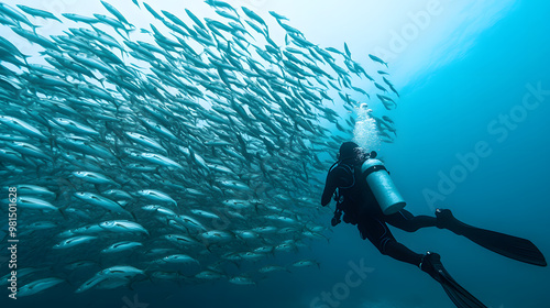 Shoal of Fish Scattering as a Diver Approaches | Dynamic Marine Life Interaction in Clear Waters