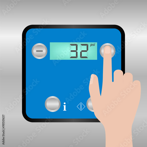 Hand Pressing Automatic Tire Inflator Machine for Car and other Vehicle. Tire Air Station Service. Vector Illustration. 