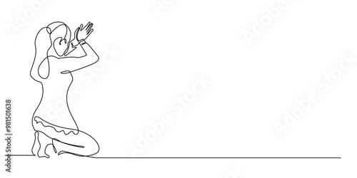 continuous line of Hindu woman performing worship. one line drawing of Balinese woman performing worship. single line vector illumination. isolated white background