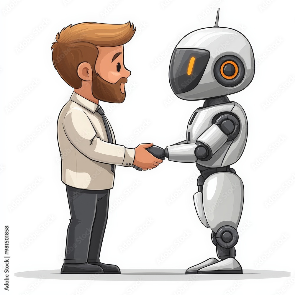 Naklejka premium Human and Robot Collaboration: A friendly handshake between a human businessman and a sleek, futuristic robot symbolizes the future of collaboration between man and machine. 
