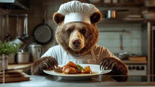 Culinary Master: Photorealistic Bear Chef Creating Gourmet Dish in Professional Kitchen photo