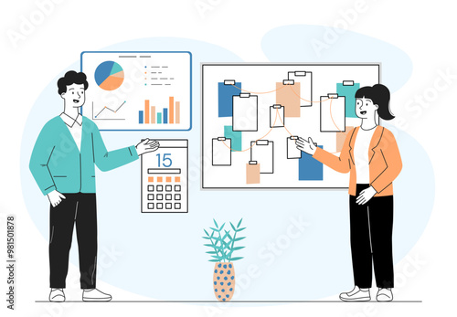 Employees with strategy. Man and woman near graphs and charts, boards with notes. Organizing efficient workflow and time management. Teamwork and collaboration. Linear vector illustration