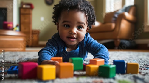 A young boy lies on his stomach playing with colorful blocks in a living room.