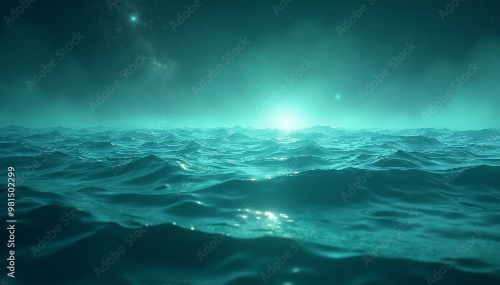 Fototapeta premium Cosmic ocean surface with deep indigo light and fluid ripples with copy space