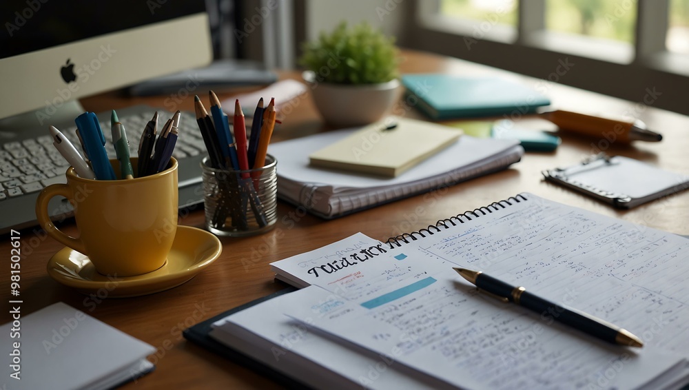 Neatly organized desk with planner, pens, and paper in an open office. Neatly organized desk with planner, pens, and paper in an open office.