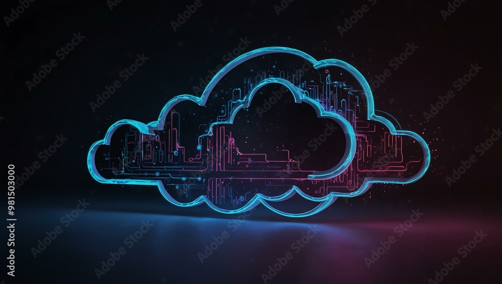 Neon cloud symbol representing digital storage in a futuristic tech setting. Neon cloud symbol representing digital storage in a futuristic tech setting.