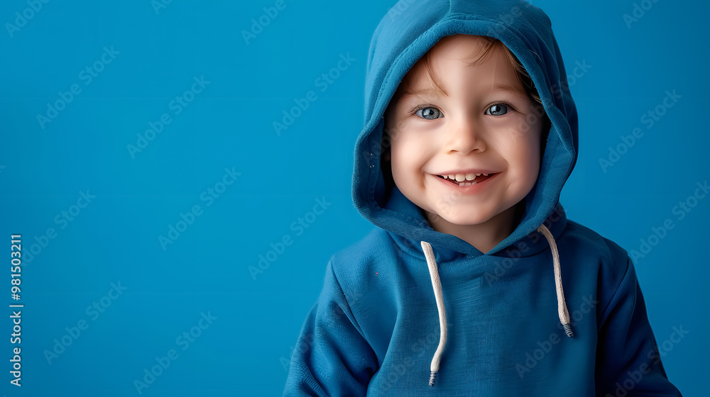 Portrait of a smiling little boy in a blue hoodie on a blue background Portrait of a smiling little boy in a blue hoodie on a blue background