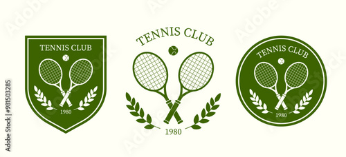 Tennis club logo set. Rackets and ball. Active lifestyle, leisure and sports. Competition and tournament. League and championship. Flat vector collection