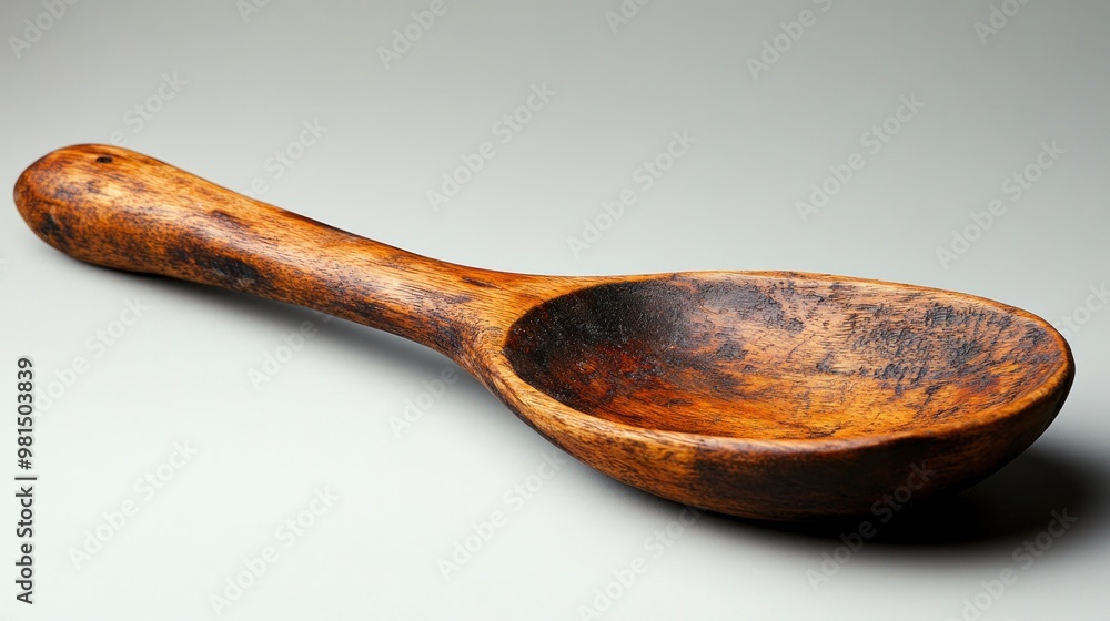 Detailed high-res image of a rustic wooden spoon, isolated on a neutral background, showing the natural grain and texture of the wood Detailed high-res image of a rustic wooden spoon, isolated on a neutral background, showing the natural grain and texture of the wood