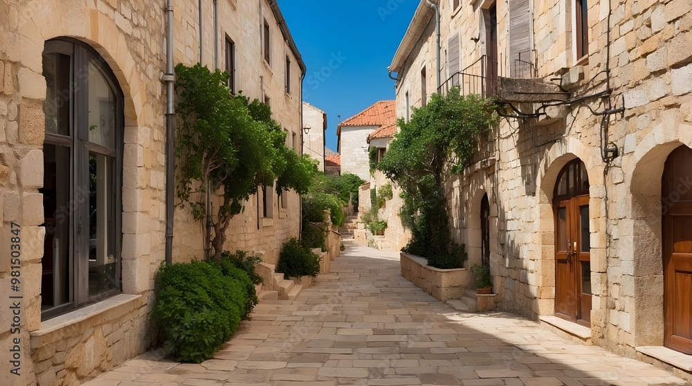 View of the street passage in the Croatian island of Krk's old town.May 2015, Saint Paul de Vence, France: Wide-open aperture view of a lovely green fence against the old house's wall in the late even View of the street passage in the Croatian island of Krk's old town.May 2015, Saint Paul de Vence, France: Wide-open aperture view of a lovely green fence against the old house's wall in the late even