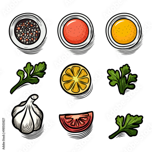 Set of spices, ketchup, lemon, herbs, garlic, tomatoes, for packaging design, fabric. Vector illustration.