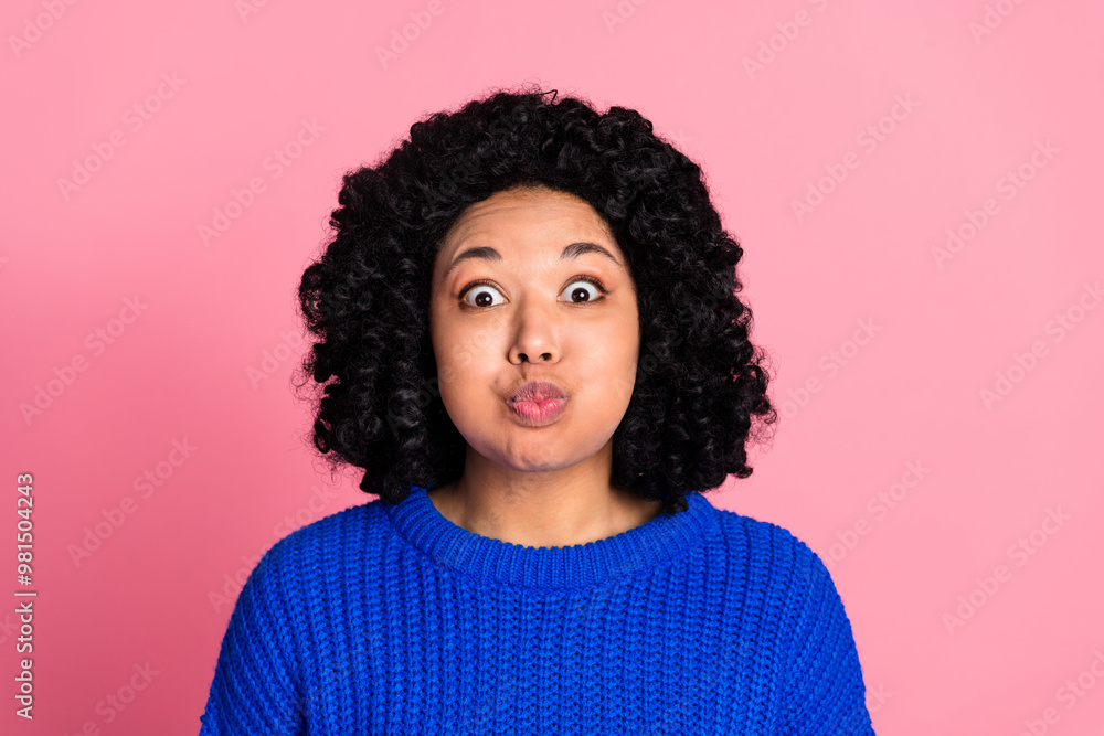 Portrait of charming funny nice good mood woman wear blue stylish clothes isolated on pink color background Portrait of charming funny nice good mood woman wear blue stylish clothes isolated on pink color background