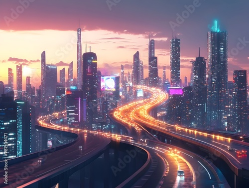 Vibrant Cityscape with Winding Highway and Glowing Skyline at Dusk