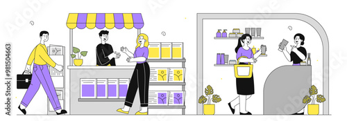 People at trade exhibition. Men and women buy goods at bazaar or market. Presentation of ideas for start up. Customers and visitors. Linear vector illustration