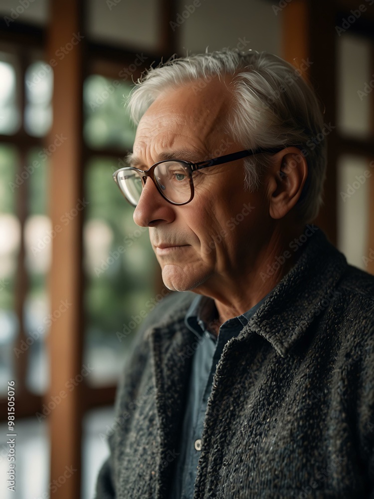 Older man in glasses, lost in reflection in a cozy indoor space. Older man in glasses, lost in reflection in a cozy indoor space.