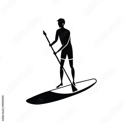 a  Paddle board beach man stand up on paddle board, vector silhouette, isolated white background