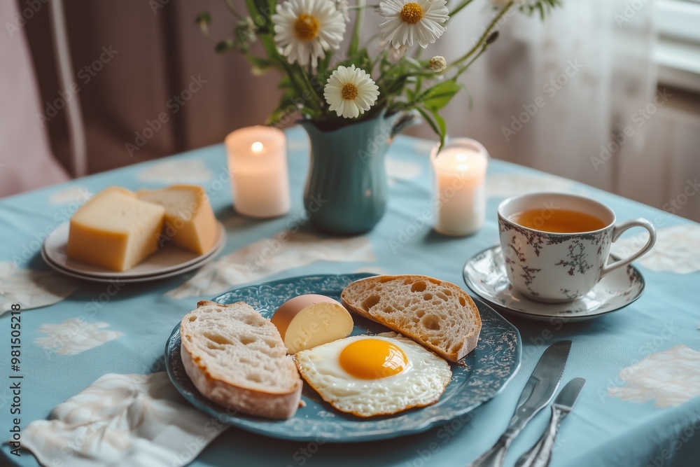 blue tablecloth with an egg and cheese blue tablecloth with an egg and cheese