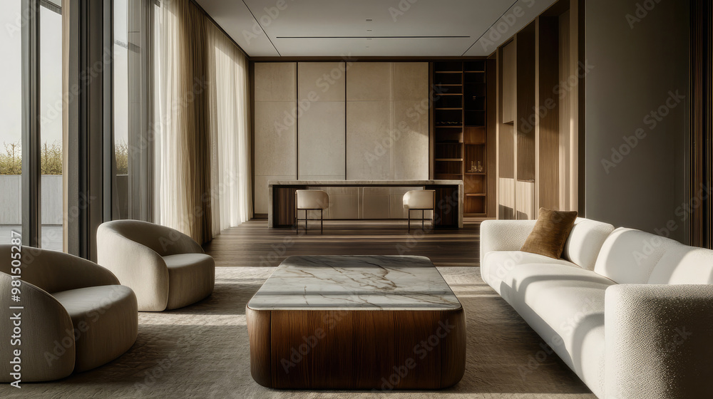 Fototapeta premium Minimalist living room with modern white sofa and marble coffee table. Elegant interior design with natural light and soft textures