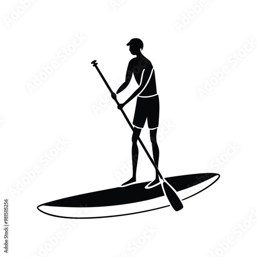 a  Paddle board beach man stand up on paddle board, vector silhouette, isolated white background