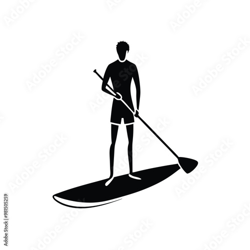 a  Paddle board beach man stand up on paddle board, vector silhouette, isolated white background