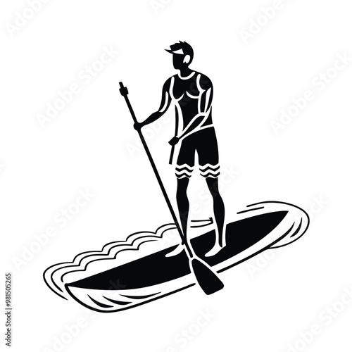 a  Paddle board beach man stand up on paddle board, vector silhouette, isolated white background