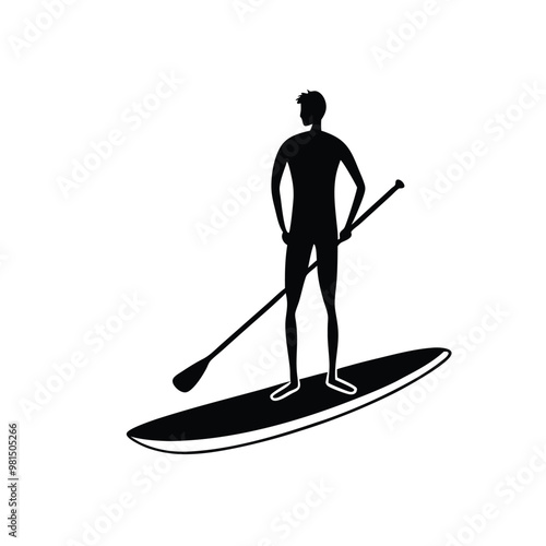 a  Paddle board beach man stand up on paddle board, vector silhouette, isolated white background