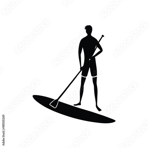 a  Paddle board beach man stand up on paddle board, vector silhouette, isolated white background