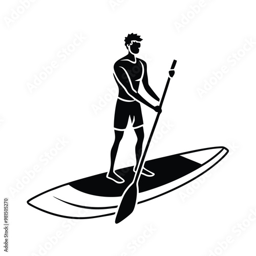 a  Paddle board beach man stand up on paddle board, vector silhouette, isolated white background